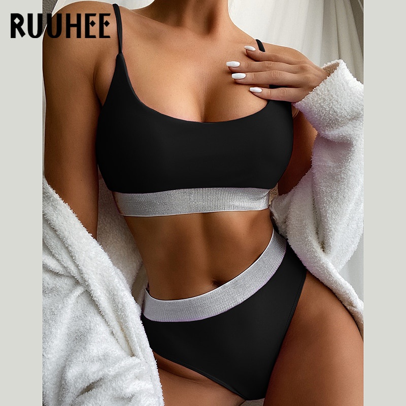 PREORDER RUUHEE High Waist Bikini Set Women Patchwork Solid Push Up Bathing Suit Ribbed Swimwear Sex