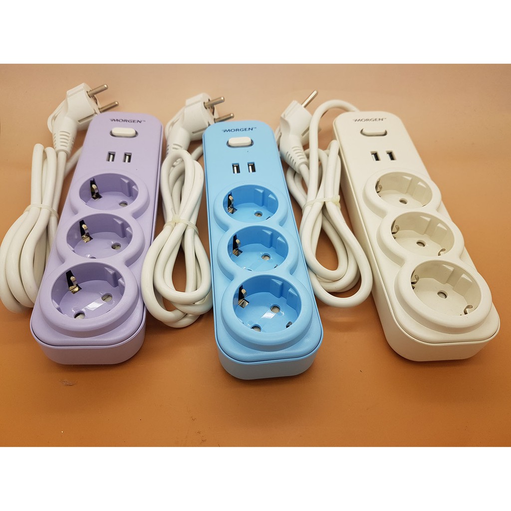 MG7303USL-T Morgen Stop Kontak 3 Lubang + Saklar + kabel 1,5 m + 2 PORT USB