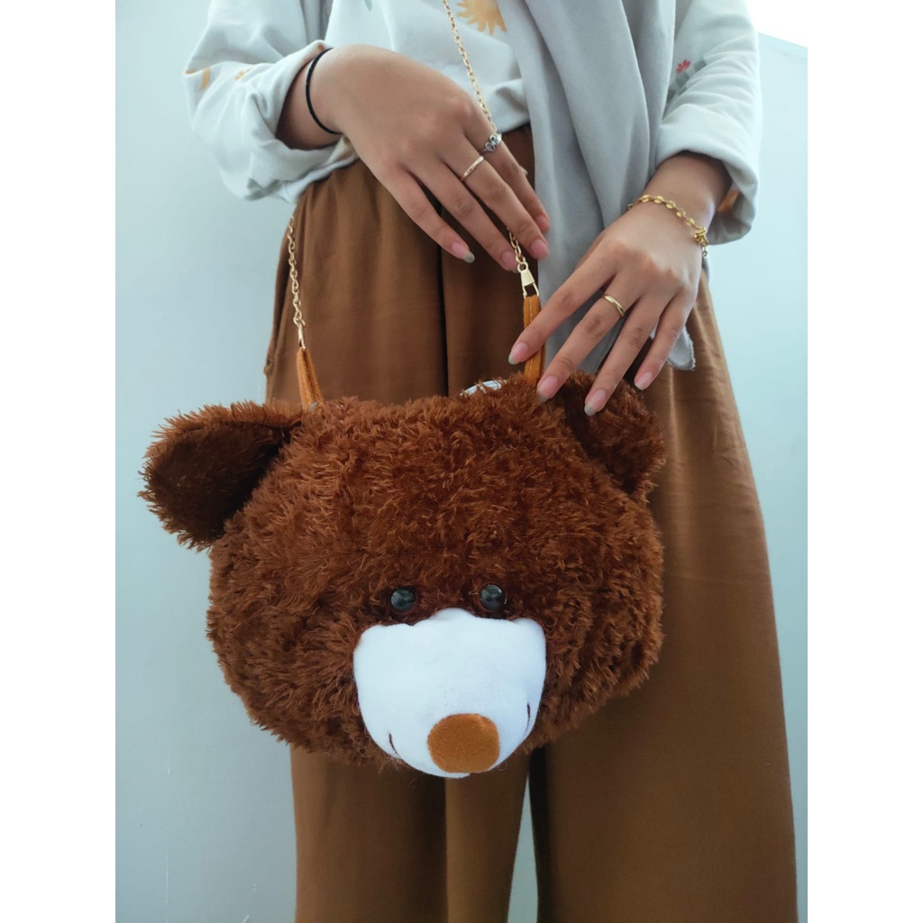 Tas Selempang &amp; Bahu Wanita/Tas bulu selempang bahu boneka kepala beruang/Sling Bag Bulu TEDDY BEAR Kepala Beruang