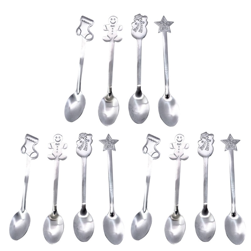 12pcs / Set Sendok Sup Gula Dessert Bahan Stainless Steel Untuk Hadiah Natal