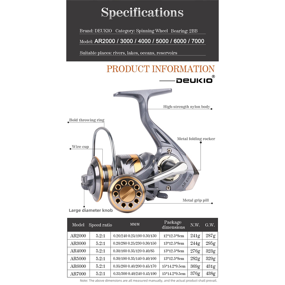 DEUKIO AR2000 Reel Pancing Spinning Fishing Reel 5.2:1 Gear Ratio