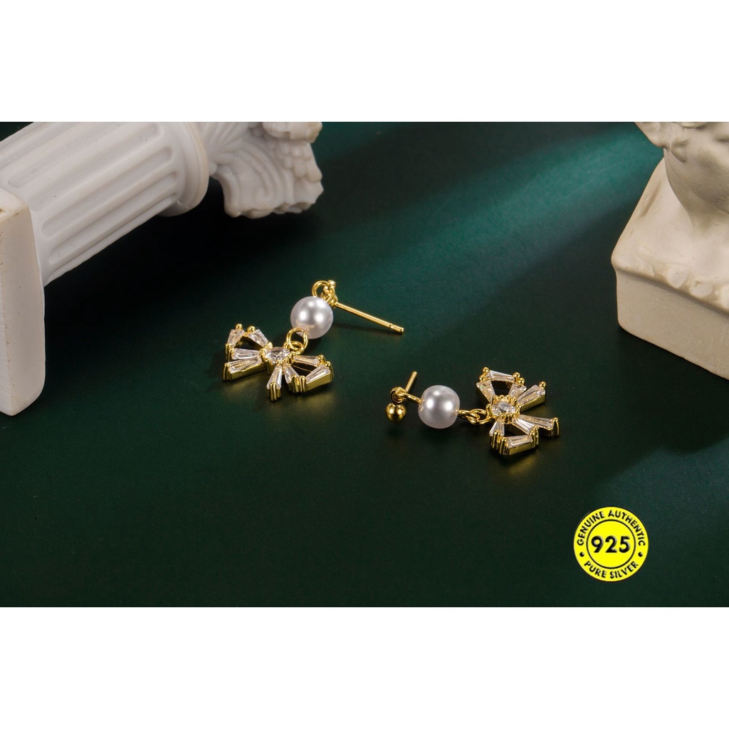 Anting Tusuk Sterling Silver 925 Model Pita Dengan Mutiara Untuk Wanita