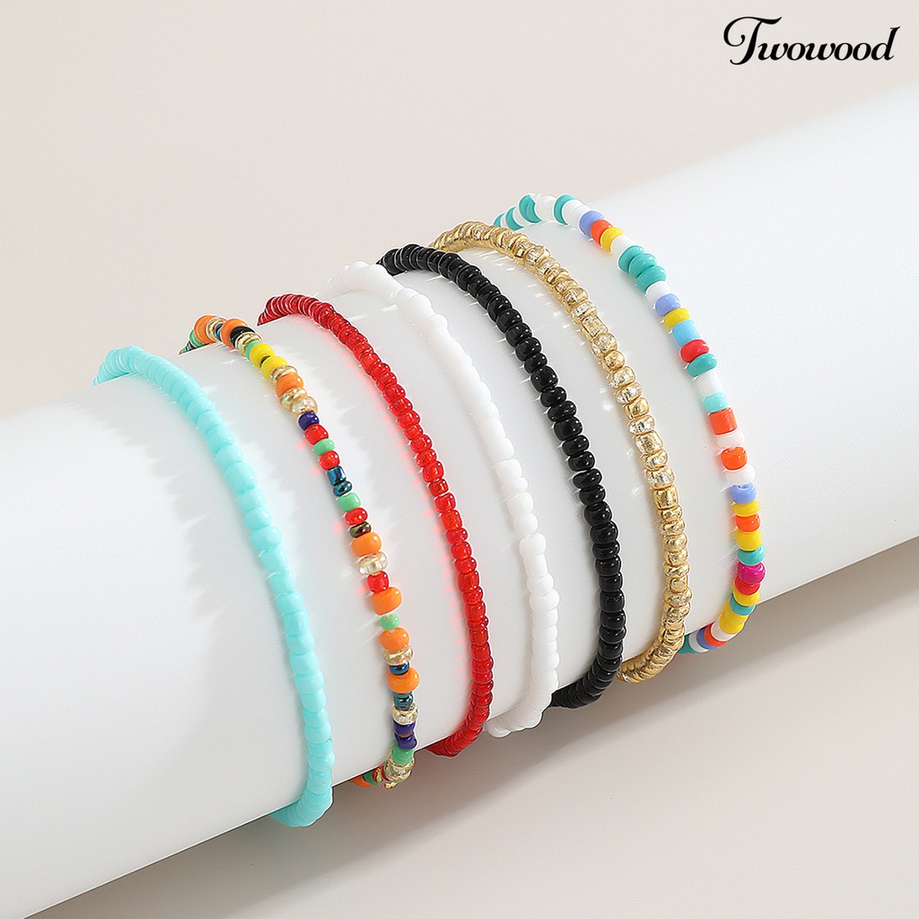 7pcs Gelang Kaki Elastis Aksen Manik-Manik Warna-Warni Kontras Untuk Wanita