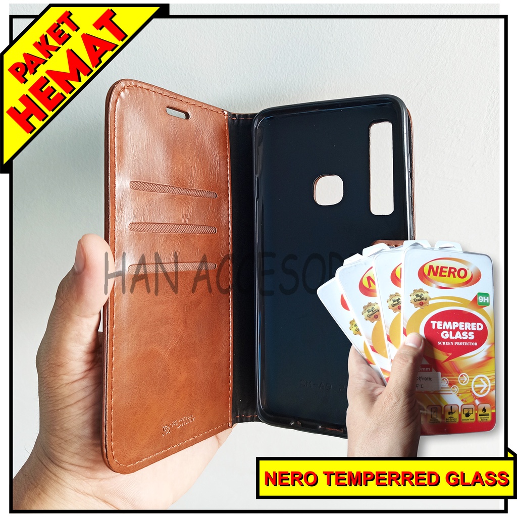 (PAKET HEMAT) Fashion Selular Flip Leather Case Samsung Galaxy A9 2018 Flip Cover Wallet Case Flip Case + Nero Temperred Glass