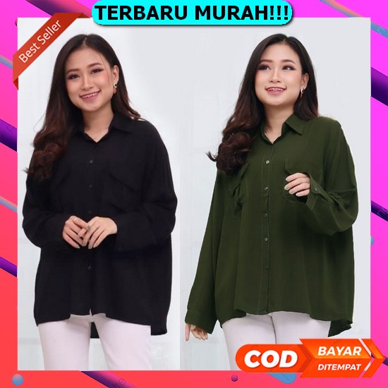 (Cod) Kemeja Wanita Casual Lengan Panjang Polos Oversize Jumbo Cewek C Kemeja Fuschia Polos Oversize