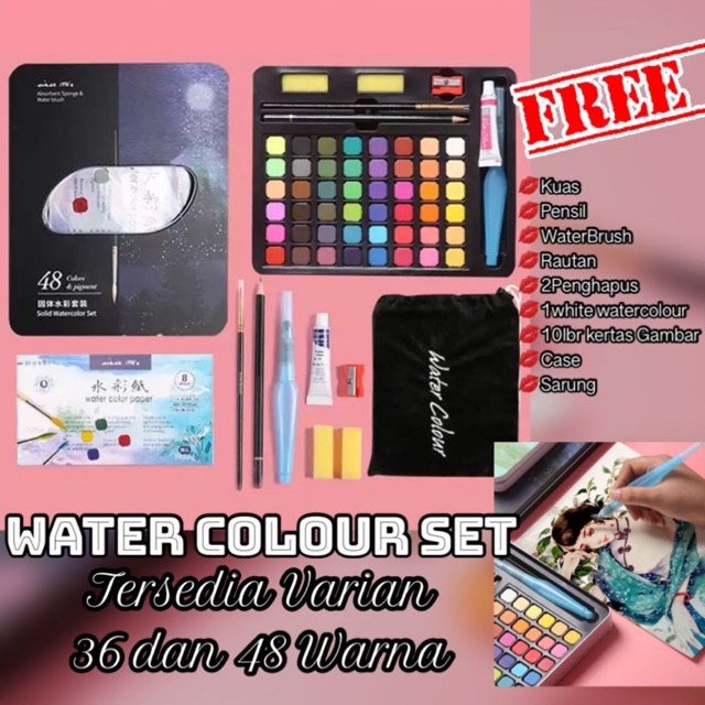 AZ 36/48 Watercolour Set - Alat Cat Air Set Water Color (Termasuk Kuas dan Kertas Gambar) Import Dapat Case dan Sarung High Grade