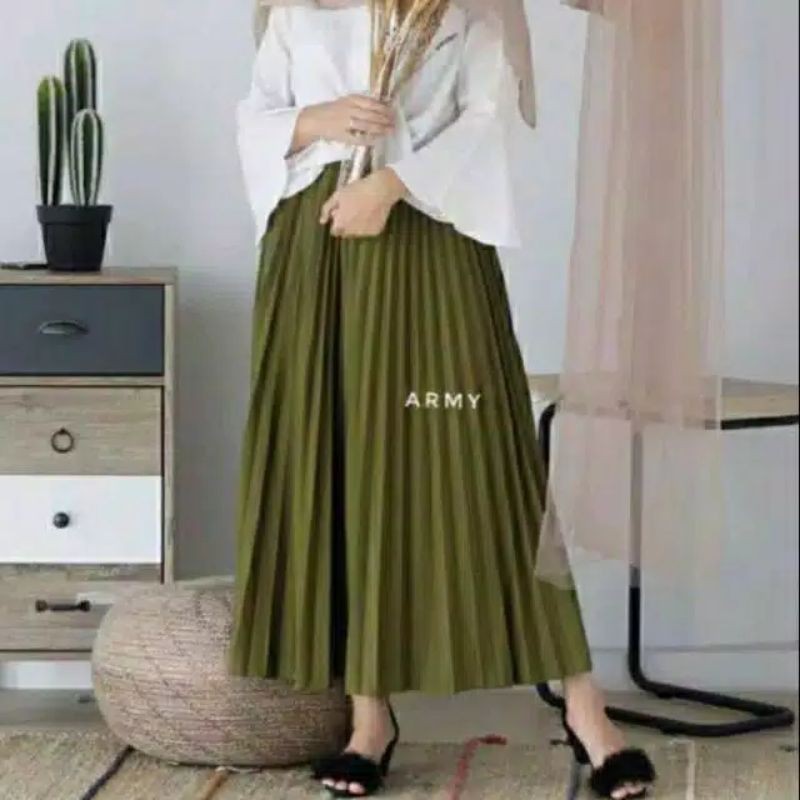 Rok Plisket Premium | Rok Plisket Wanita Jumbo | Rok Plisket Hitam Putih Army Milo | Rok Plisket