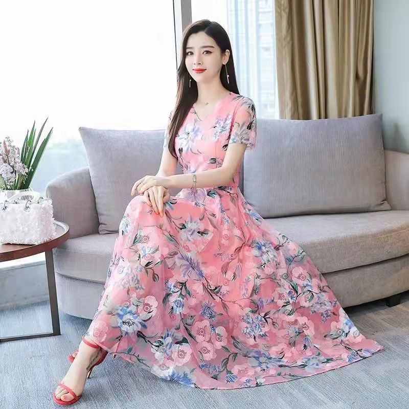 baru gaun sifon print wanita mid-length/dress wanita/midi dress