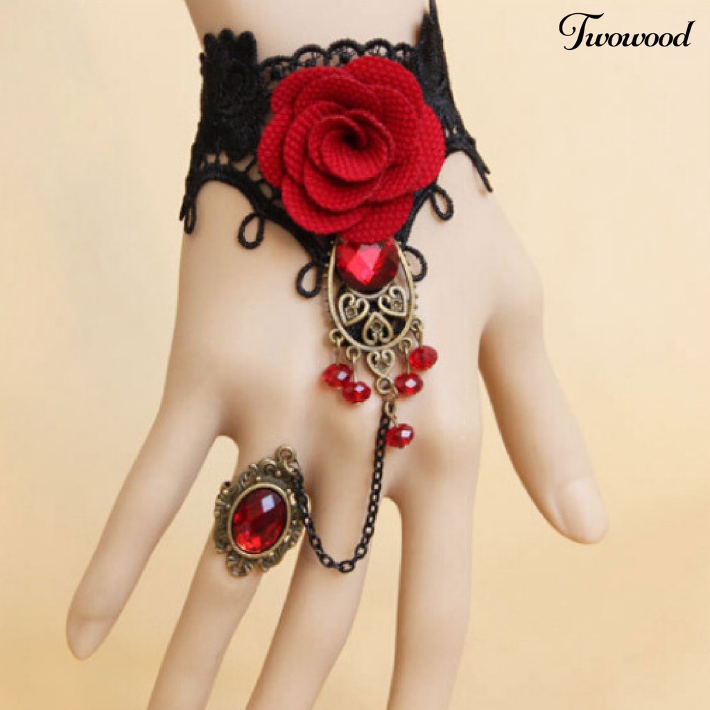 Twowood Rose Decor Black Lace Ring Bracelet Women Faux Gem Faux Pearl Ring Hand Chain Jewelry Accessory