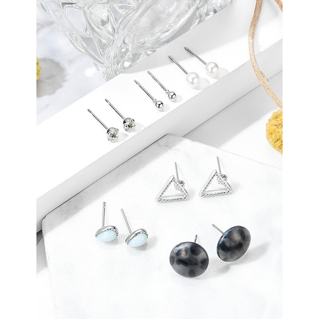 LRC Anting Set Fashion Silver Geometric Diamond-shaped Drop Pearl Stud Earrings 6 Pairs F29790