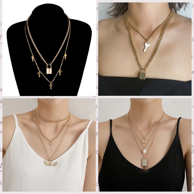 Korea Selatan Kalung Multilayer Retro Jantung Bentuk Kunci Liontin Kalung Emas Rantai Sweater Kalung gembok Aksesoris Wanita kalung aesthetic necklace