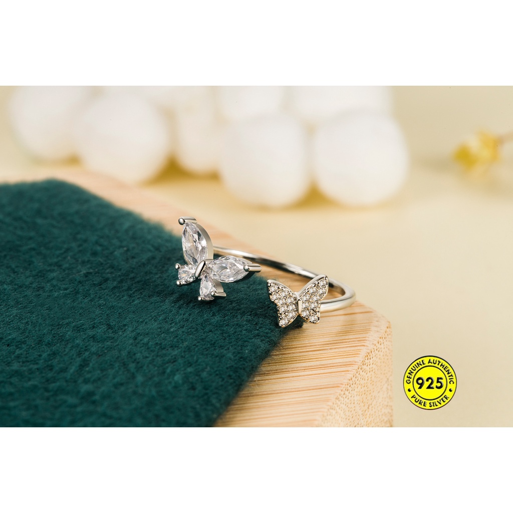 Cincin Model Terbuka Desain Double Butterfly Bahan S925 Silver Aksen Zircon Untuk Wanita