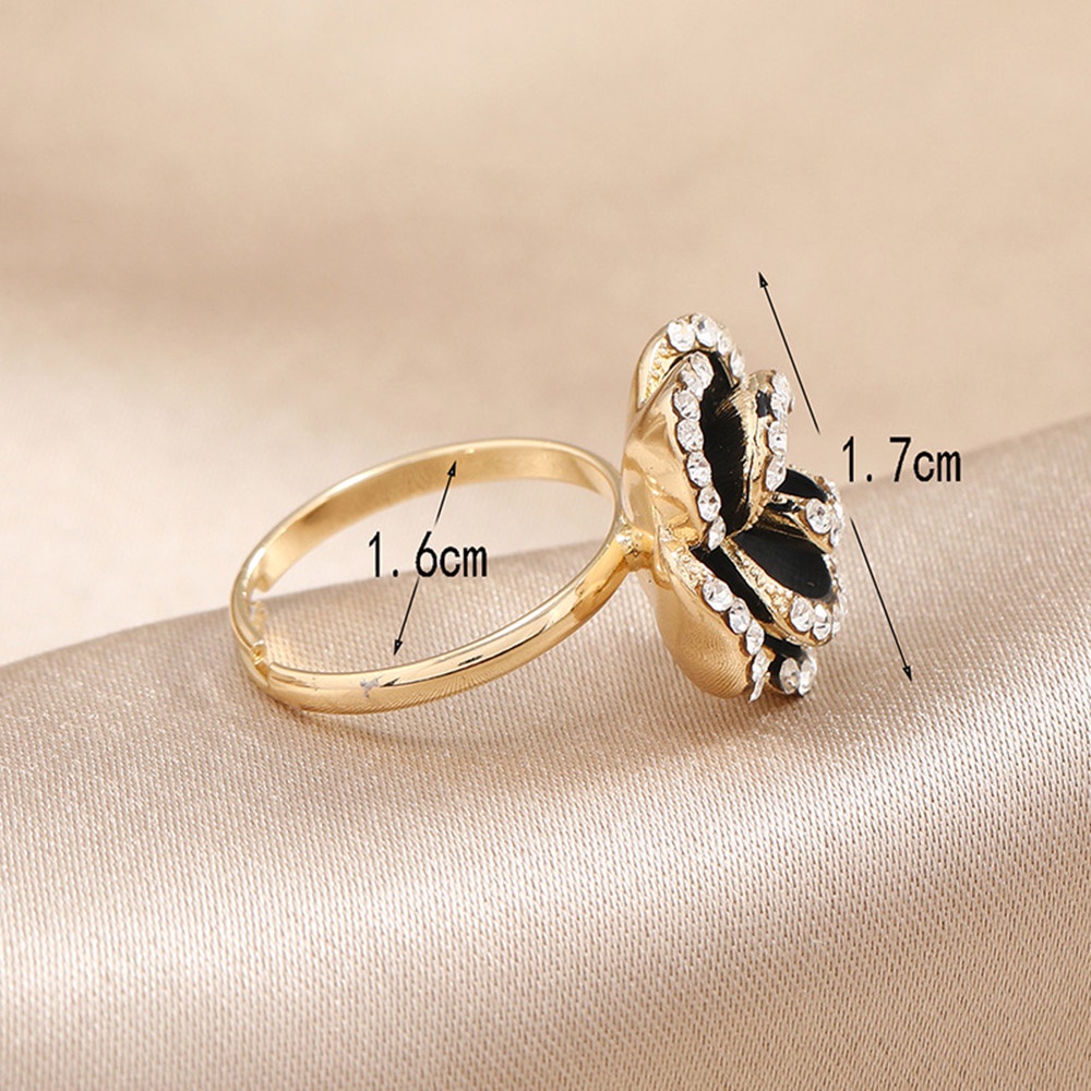 Cincin Wanita Bentuk Bunga Mawar Hitam Adjustable Warna Emas Gaya Vintage Untuk Hadiah Valentine