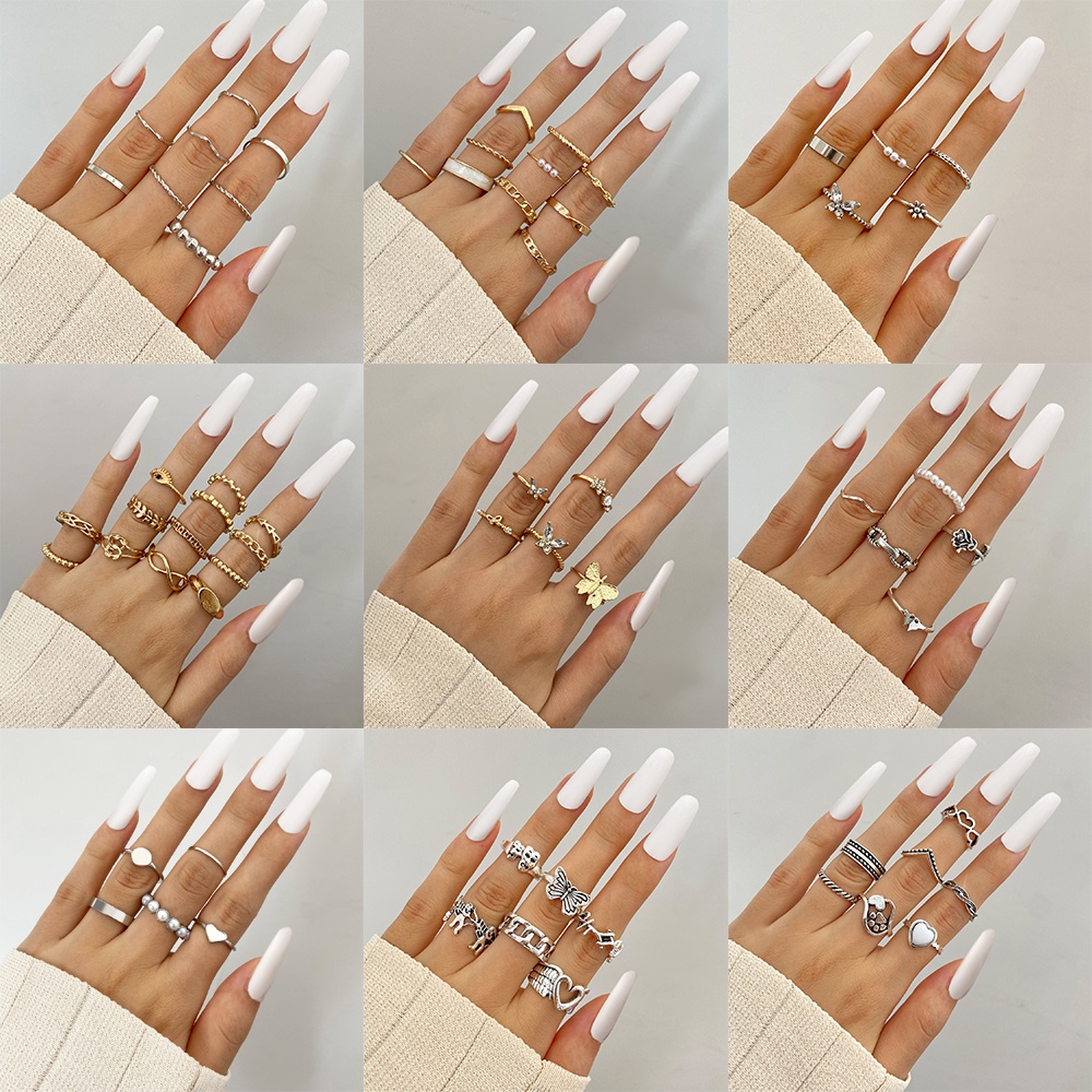 YEEZII 10pcs / Set Cincin Rantai Ular Butterfly Hias Mutiara Berlian Gaya Korea Untuk Pasangan