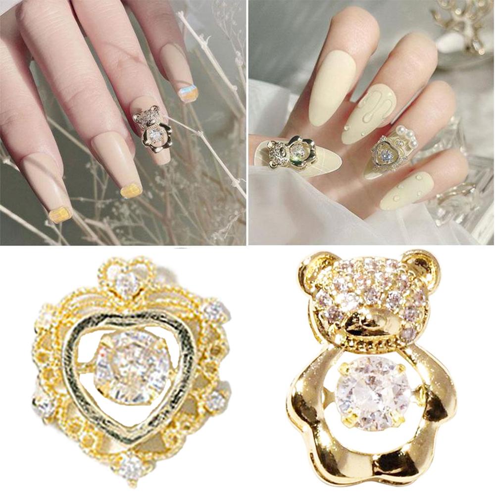 AUGUSTINA Agustin 3D Dekorasi Nail Art Mewah Mengkilap Detak Jantung Detak Beruang Manicure Tools Alloy Kuku Zirkon