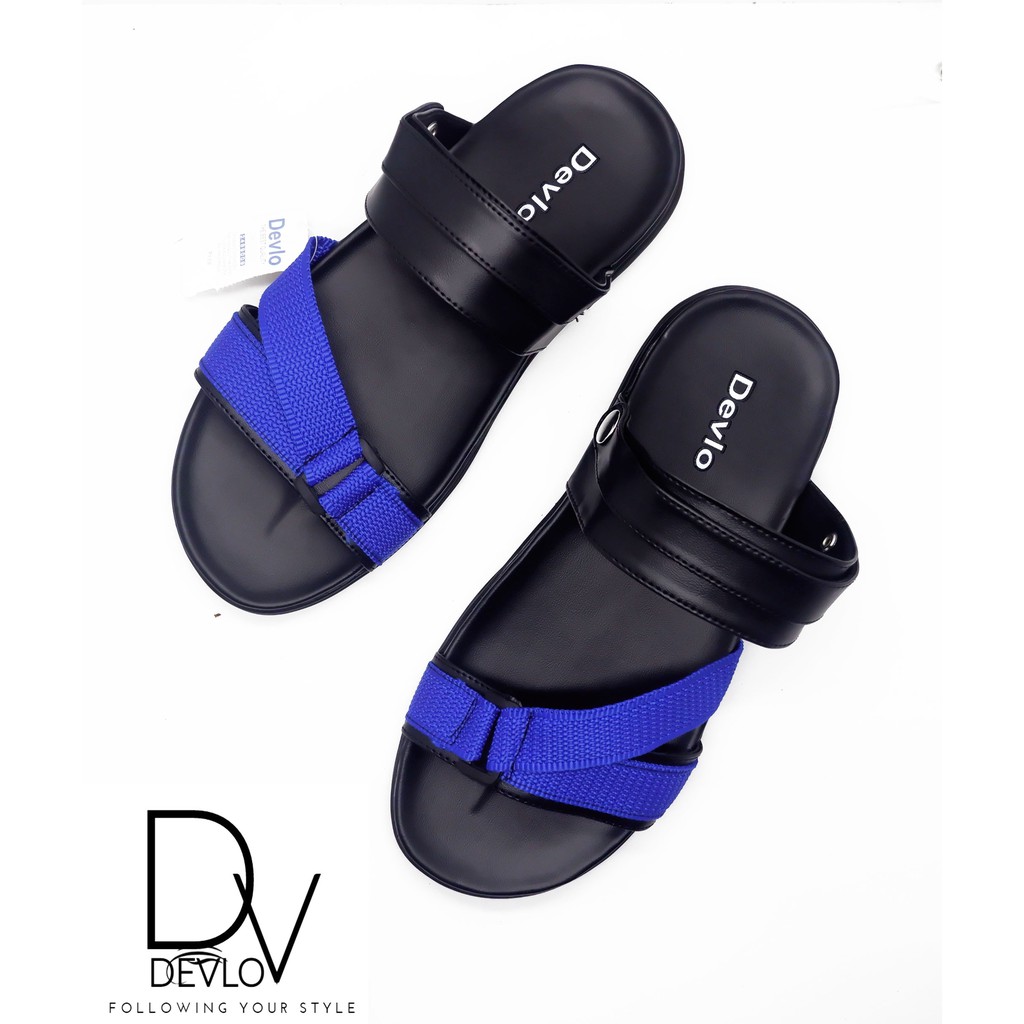 Sendal Pria Slide Urban Bahan Kulit Santai Nyaman Jalan NgemalL HangOut Kekinian (Devlo Webing)-Strip Navy