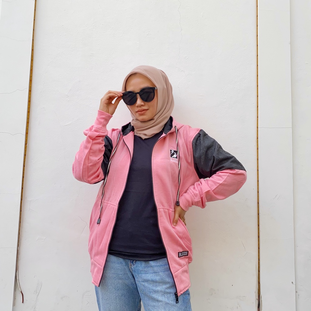 Jaket Sweater Zipper Bordir Kombinasi Qwilting PINK BLDS