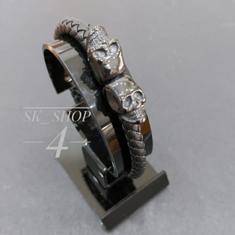 Gelang Kulit Pria Tengkorak Titanium Hitam