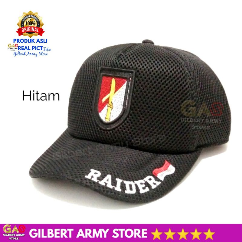 Topi Raider Jaring Hitam GILBERT ARMY STORE Logo Bordir Merah Putih Hat Pria Keren