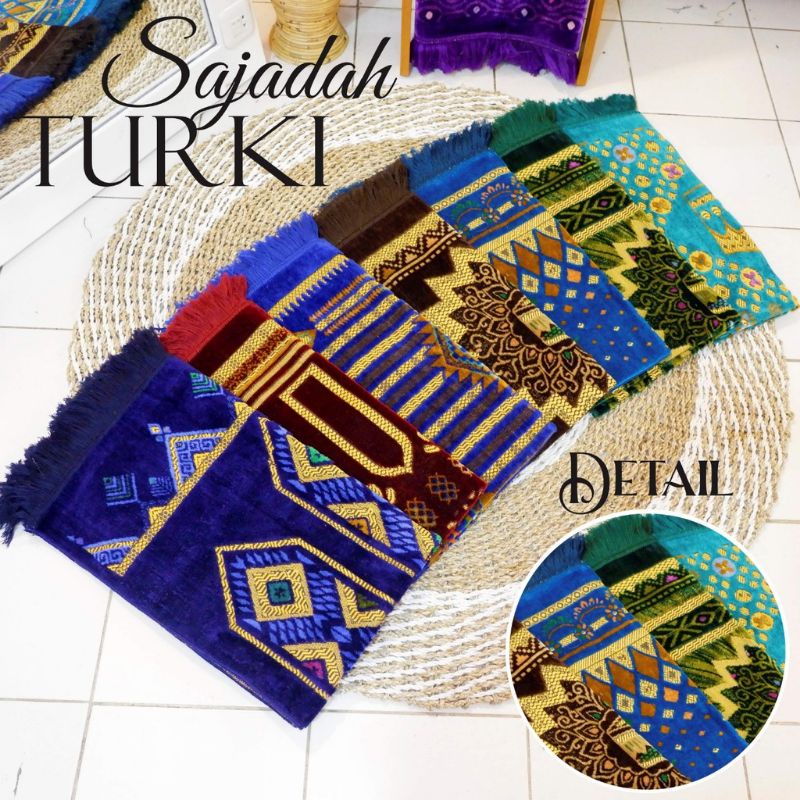 MURAH ! SAJADAH TURKIYE BAHAN SPIGEL GOLD UK 110 X 70 MULTICOLOR MERK RASHID MEREK BERKUALITAS HARGA TERJANGKAU TERMURAH UKURAN BESAR BERAGAM WARNA DAN MOTIF KECIL MINI JUMBO