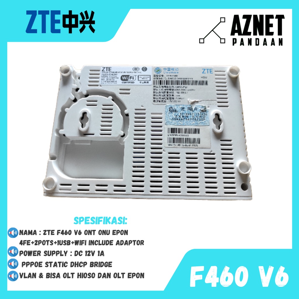 ZTE F460 V6 ONT ONU EPON 1GE+3FE+2POTS+1USB+WIFI INCLUDE ADAPTOR