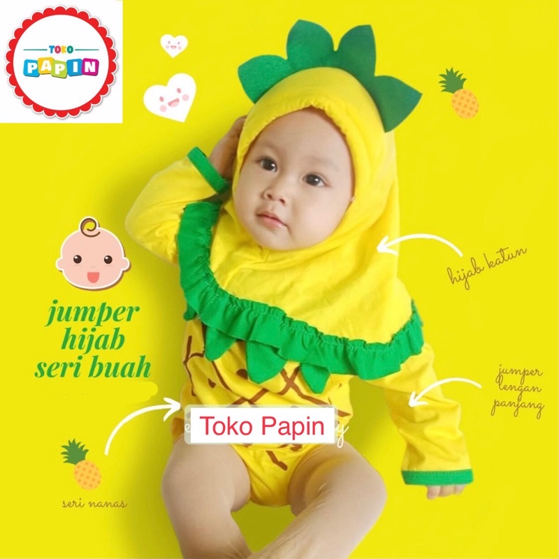 TokoPapin Baju Bayi Nanas Jilbab Jumper Anak Bayi Hijab Muslim Motif Buah Nanas