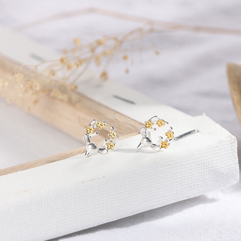 Anting Bunga Rusa Lucu Cute Deer Flower Stud Earrings for Women Silver Jewelry Fashion Tiny Charm Party Earring