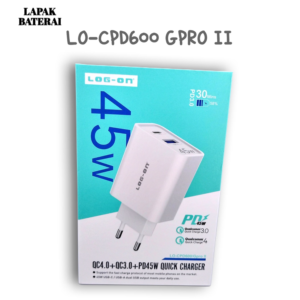 Log - on CPD600 45W Batok Charger 2 Port PD3.0 QC4.0 Fast Charging Power Delivery Type C