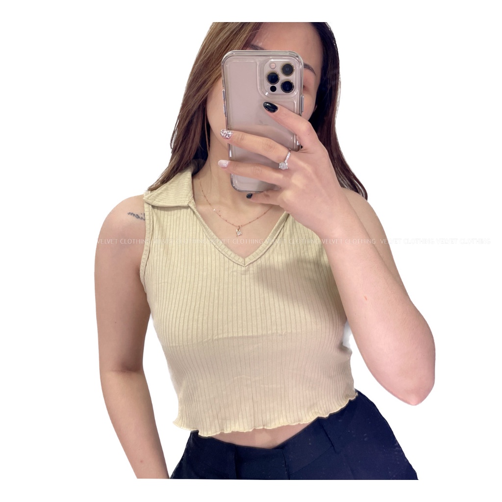 VELVET Tanktop Kerah Knit / Tank top Korean Kerah / Tanktop Crop Polos / Tanktop Rajut Wanita 4363