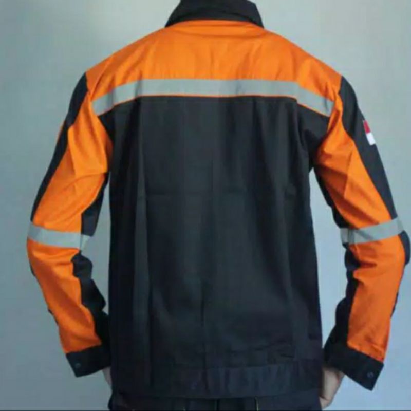 SERAGAM BAJU SAFETY DONGKER ORANYE BARU RESLETING LOGO K3 BENDERA