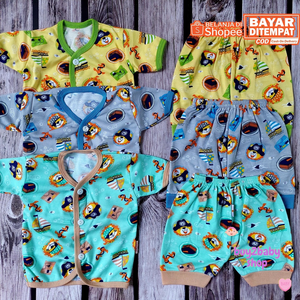 Baju bayi setelan piyama pendek katun full print motif Cico Miko 0-6 Bulan isi 3 setelan