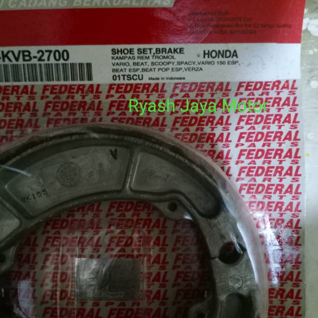 Kampas rem belakang federal parts untuk honda beat/beat esp/f1/pop/vario 110 tecnho/125/150/scoopy