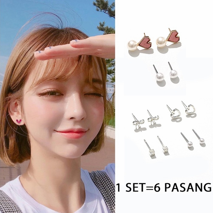 [✅READY STOCK] 6 Pasang anting murah Tusuk Model Mutiara Intan Bentuk Bulat Gaya Korea Untuk fashion Wanita  Penjualan Panas Mode