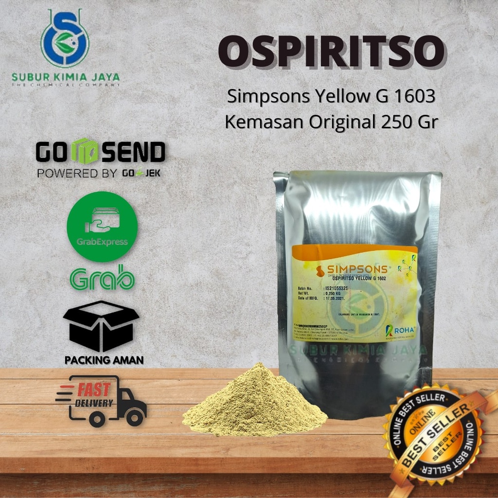 

Ospiritso Yellow G 1602 / Pewarna kuning basis minyak / Pewarna Minyak / Pewarna Lilin / solvent 250 gr