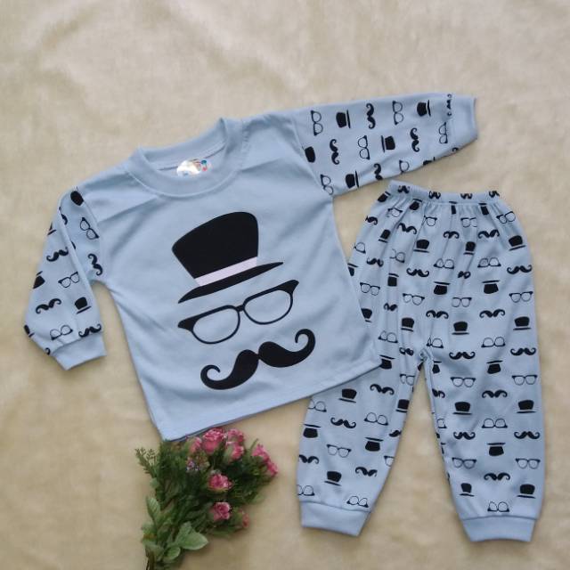 Ss#158 Piyama Baju Tidur Anak Size 3-12bulan Bahan Kaos / Setelan Baju Panjang Bayi Motif Kumis