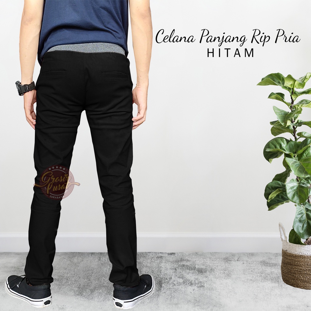Celana Panjang Chinos Pria Hitam Model Rip Pinggang Karet