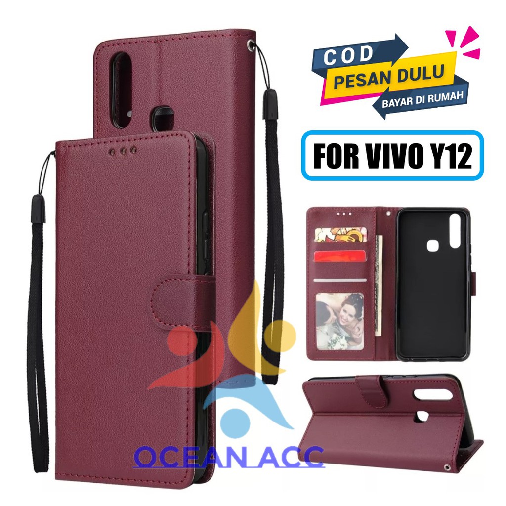 LEATHER CASE PREMIUM UNTUK VIVO Y12 NEW FLIP WALLET CASE DOMPET HP UNTUK VIVO Y12 NEW