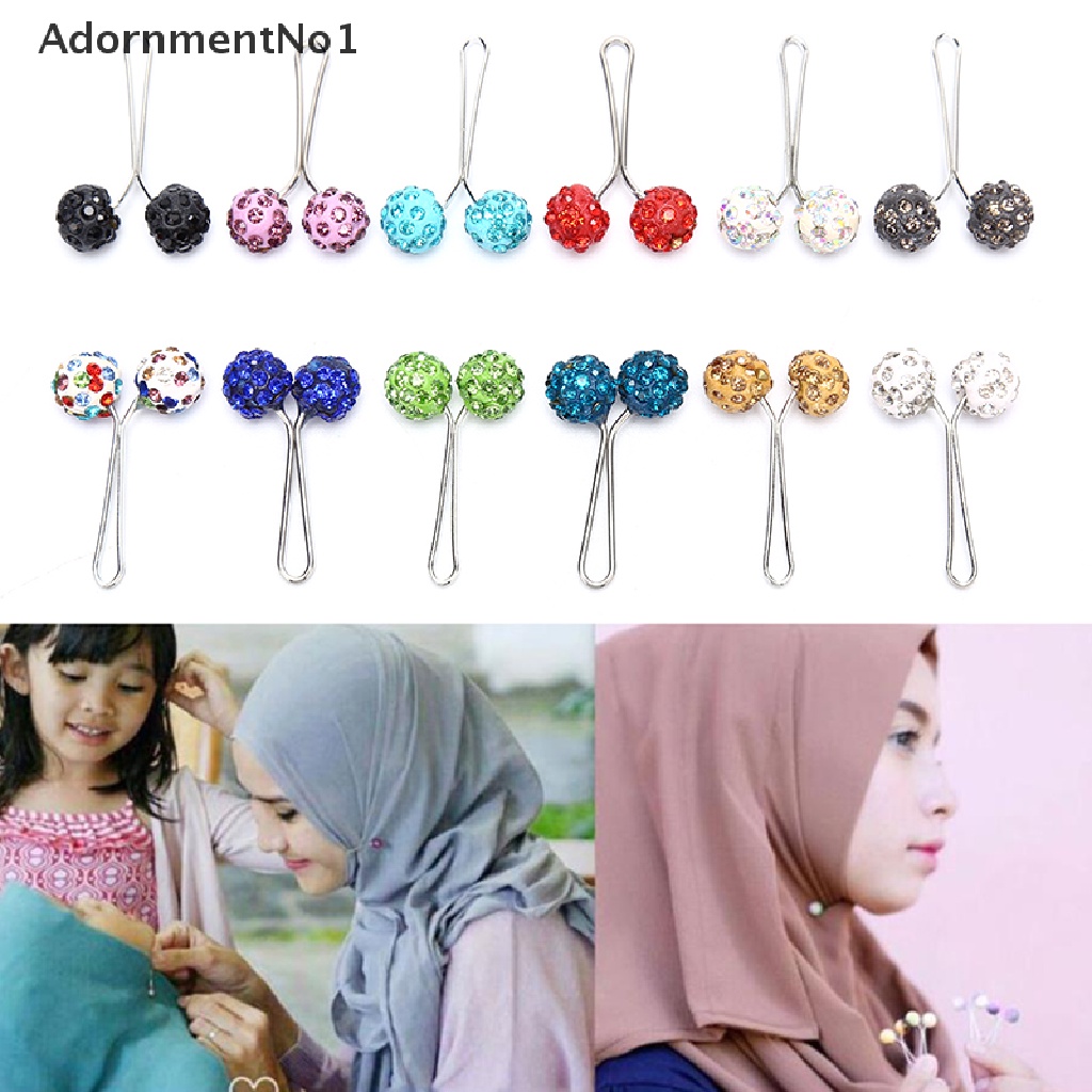 (AdornmentNo1) 12pcs / Set Bros Pin Bentuk Bola Aksen Berlian Imitasi Untuk Aksesoris Scarf / Hijab Wanita Muslim