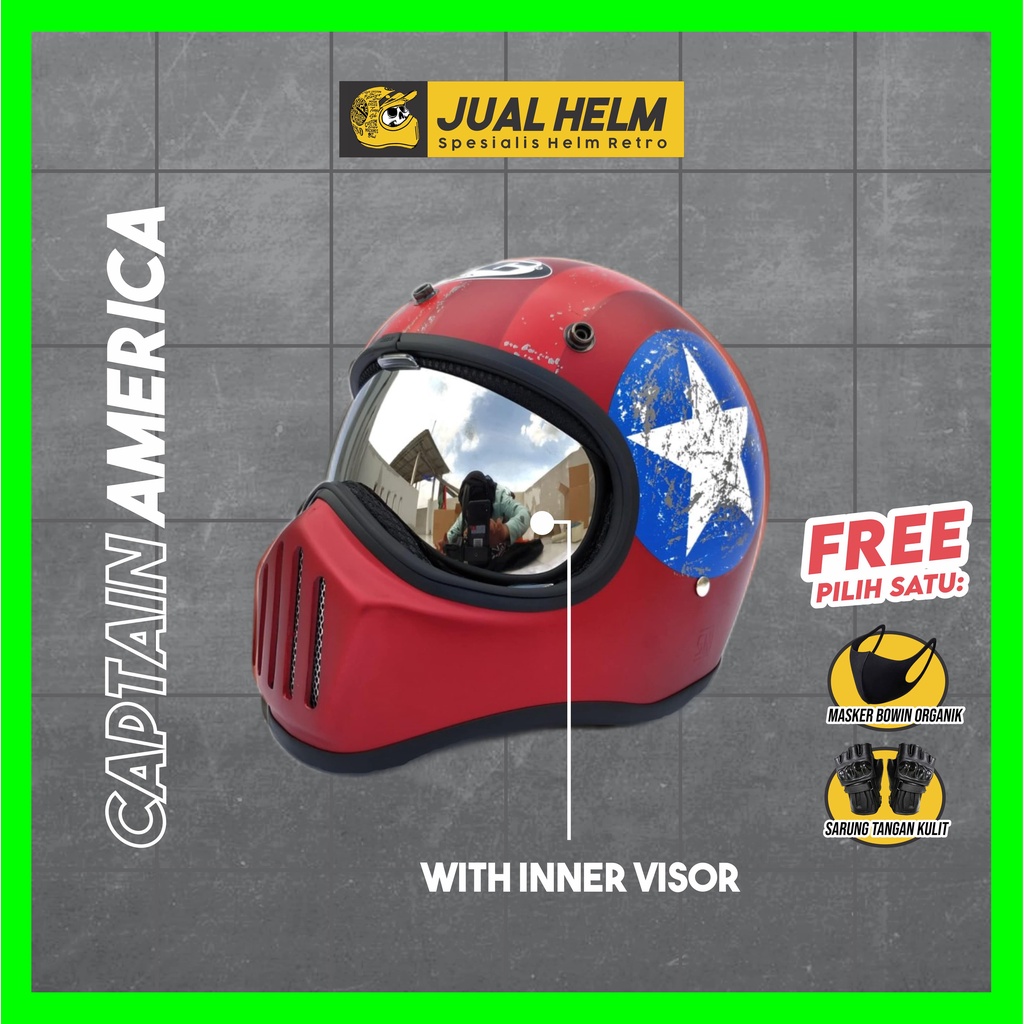 Helm Cakil HBC Captain America Maroon + Inner Visor ( Fullface / Retro / Klasik / Vespa )