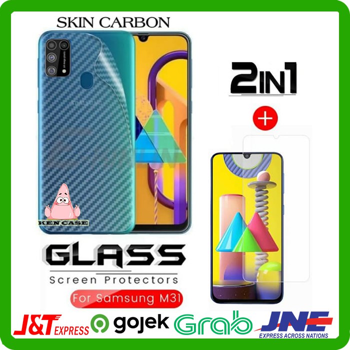 Tempered Glass Samsung M31 Paket Bonus Garskin Carbon Anti Gores Back