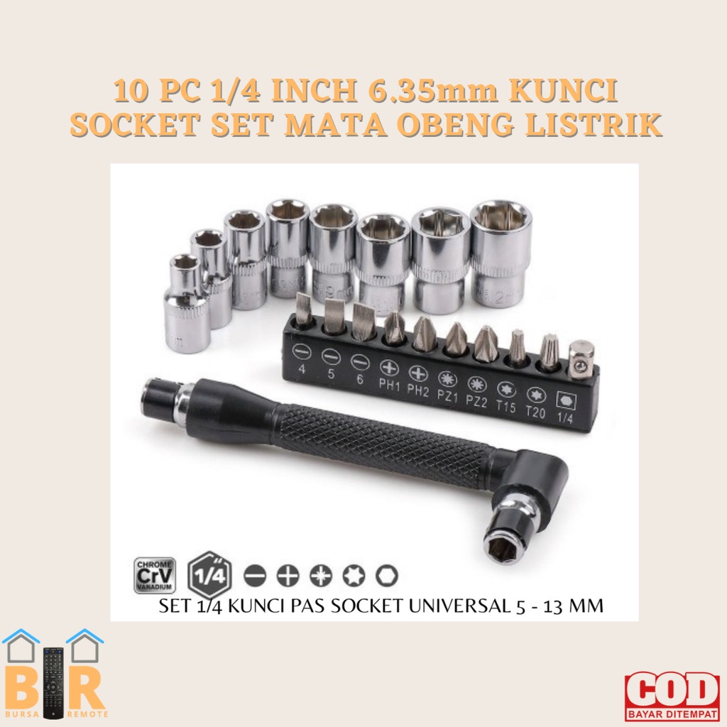 10 PC 1/4 INCH 6.35mm KUNCI SOCKET SET MATA OBENG LISTRIK