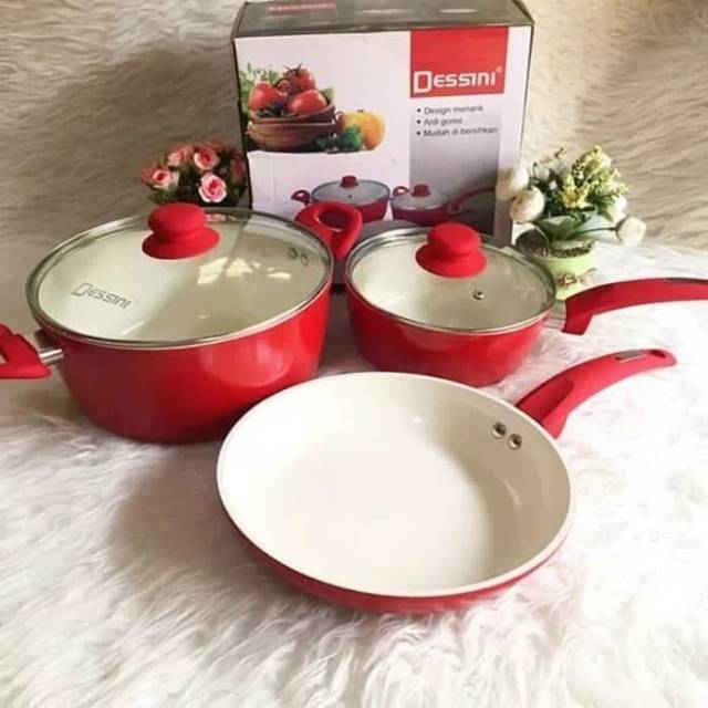 Dessini Cookware Ceramic Pan 5 Pcs - Panci Wajan Dessini enamel Set