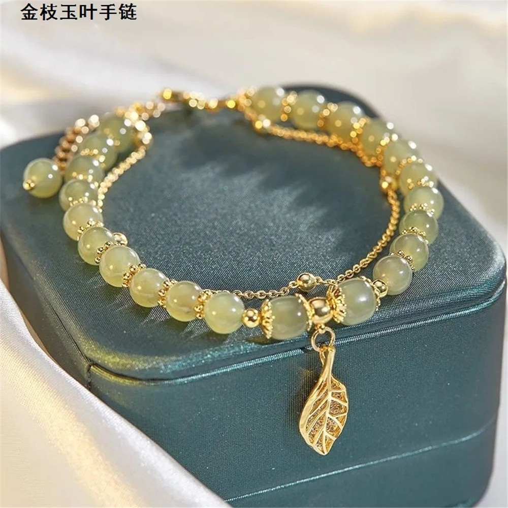 【COD Tangding】Gelang Tangan Manik-Manik Batu Jade Imitasi Aksen Daun Kecil Untuk Wanita