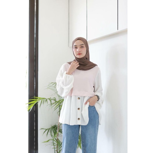 SHAHIA TOP (ld104 pjg 68) - Atasan Blouse Combi Wafer Tangan Balon