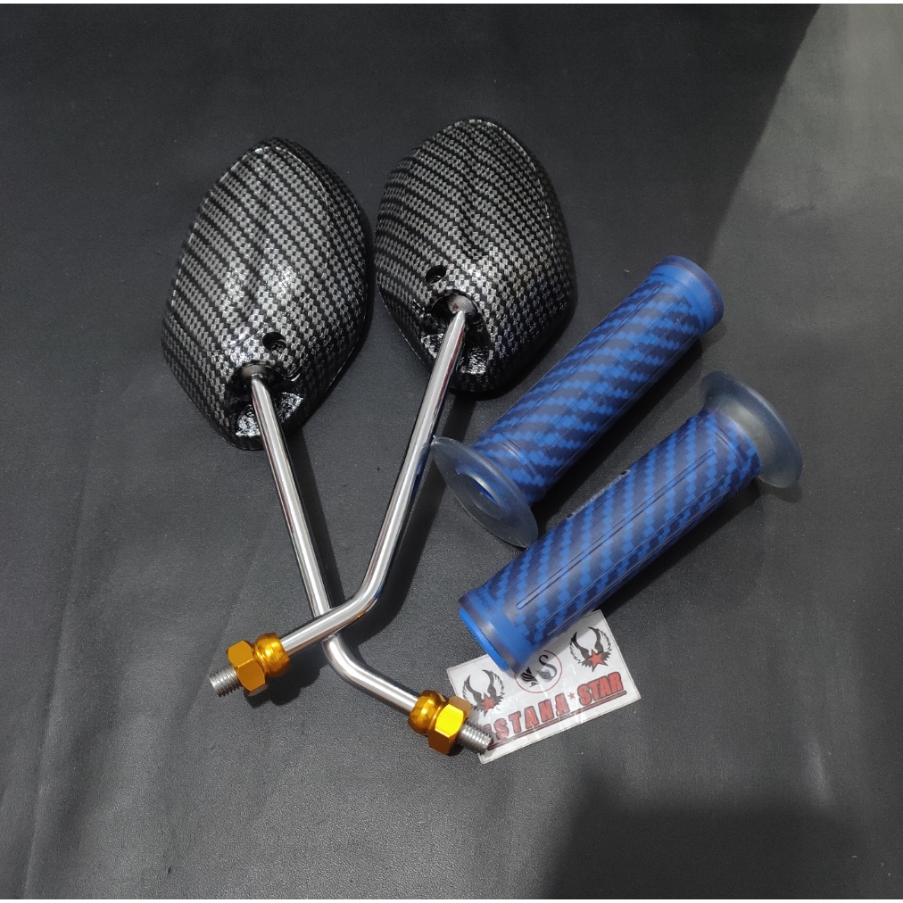 Spion Beat Carbon Karbon tangkai Crum Chrome + Handgrip Karbon blue (paket 2 item)