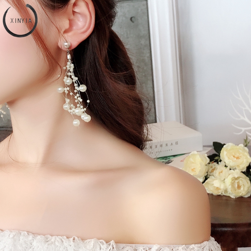 Anting Mutiara Korea String Geometris Mutiara Anting Rumbai Panjang