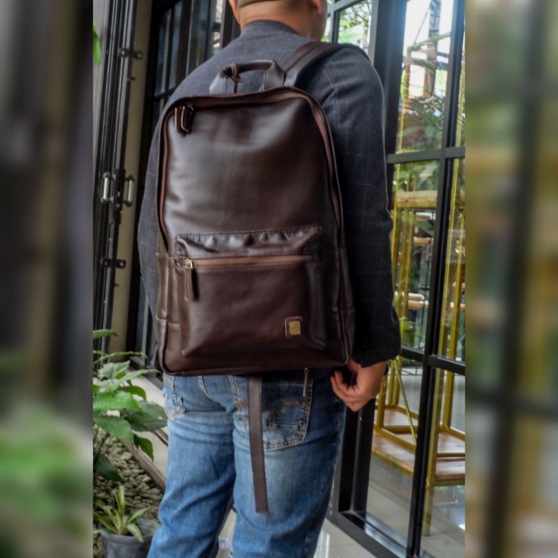 Ransel Pria Tas Punggung Kulit Sapi Asli Backpack Marlin Laptop 14 Inchi Bahan Pull Up Leather Terbaru Tali Adjustable Kekinian Original