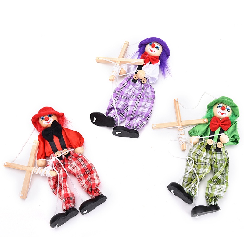 &lt; E2id &amp; &gt; 1pc Mainan Boneka Badut Marionette Kayu Model Tarik Tali Untuk Anak