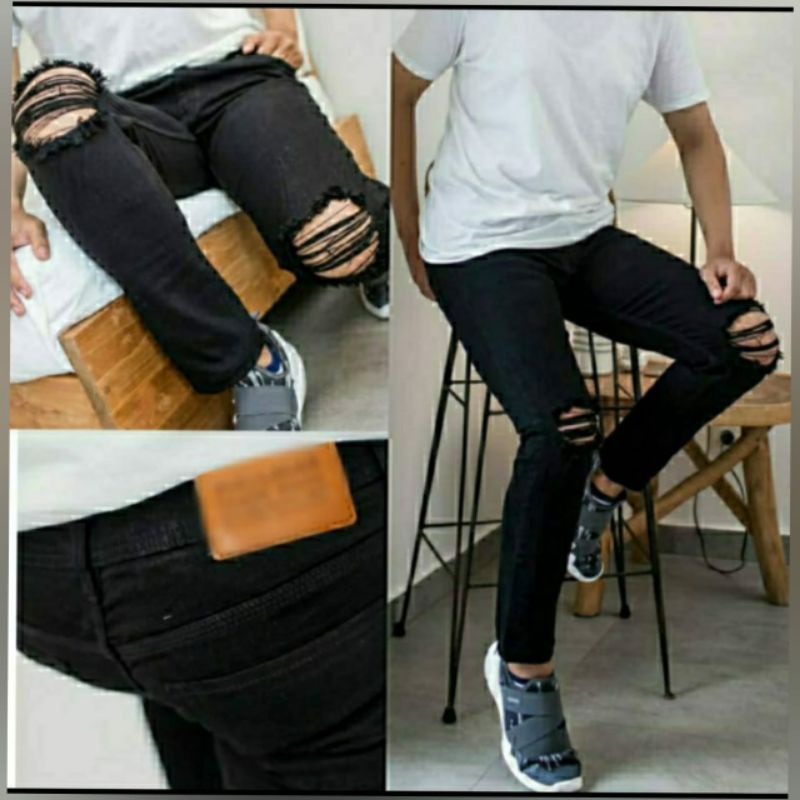 CELANA SOBEK PRIA RIPPED JEANS ROBEK SLIMFIT PENSIL SKINNY STRETCH DENIM HITAM PREMIUM 27-38