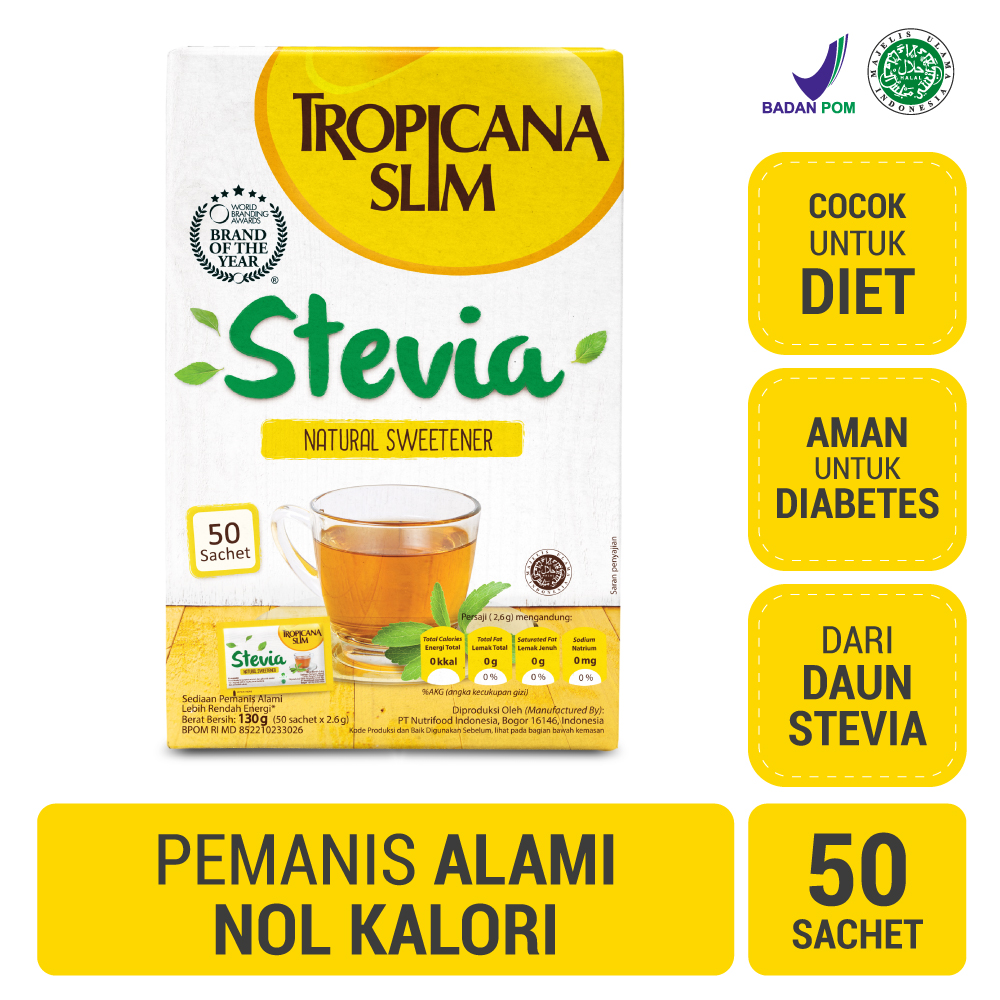 

Tropicana Slim Sweetener Stevia 50 sachet - Pemanis Alami untuk Batasi Gula